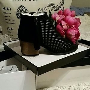 Qupid Black Tassel Peep Toe Laser Cut Bootie